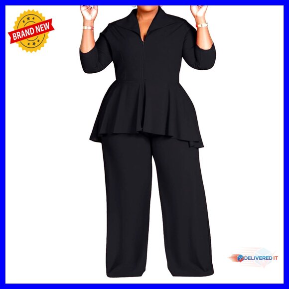 Pants - Plus Size Two Piece Set Zip Up Peplum Jacket Wide Leg Pant Suits